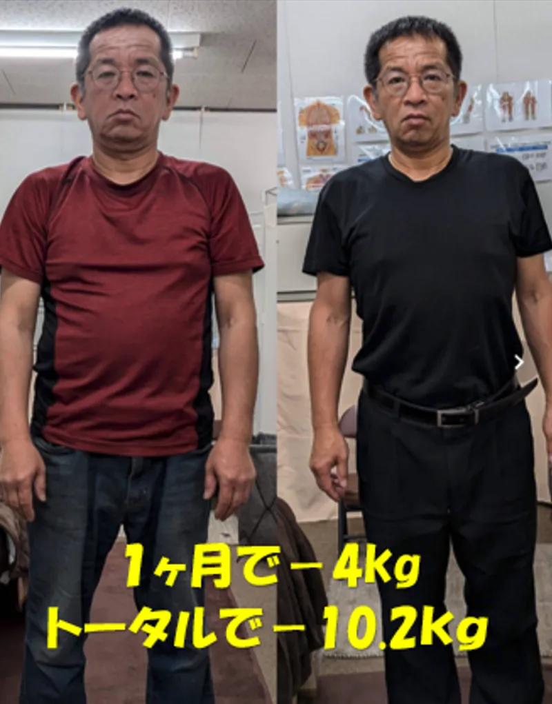ダイエットのビフォーアフター（1ヶ月で-4kg、トータル-10.2kg）